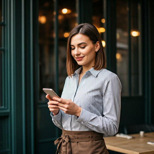 Jeune femme propriétaire d'entreprise debout fièrement devant son restaurant, utilisant son smartphone.