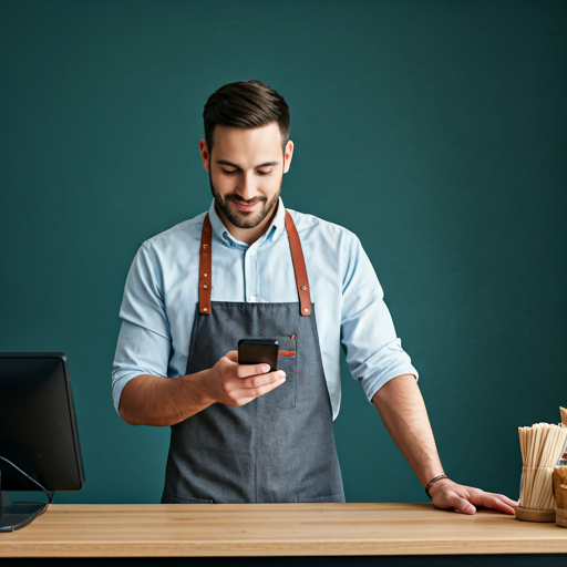A male business owner standing behind the counter of his shop while actively texting on his smartphone.